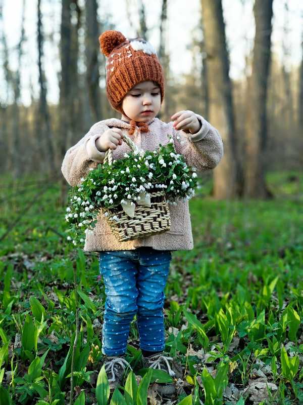 little girl in forest with basket of flowers