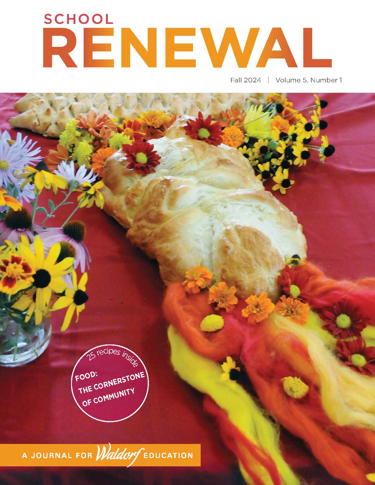 Cover of School Renewal, showing a braid of bread decorated with yellow and orange fall flowers