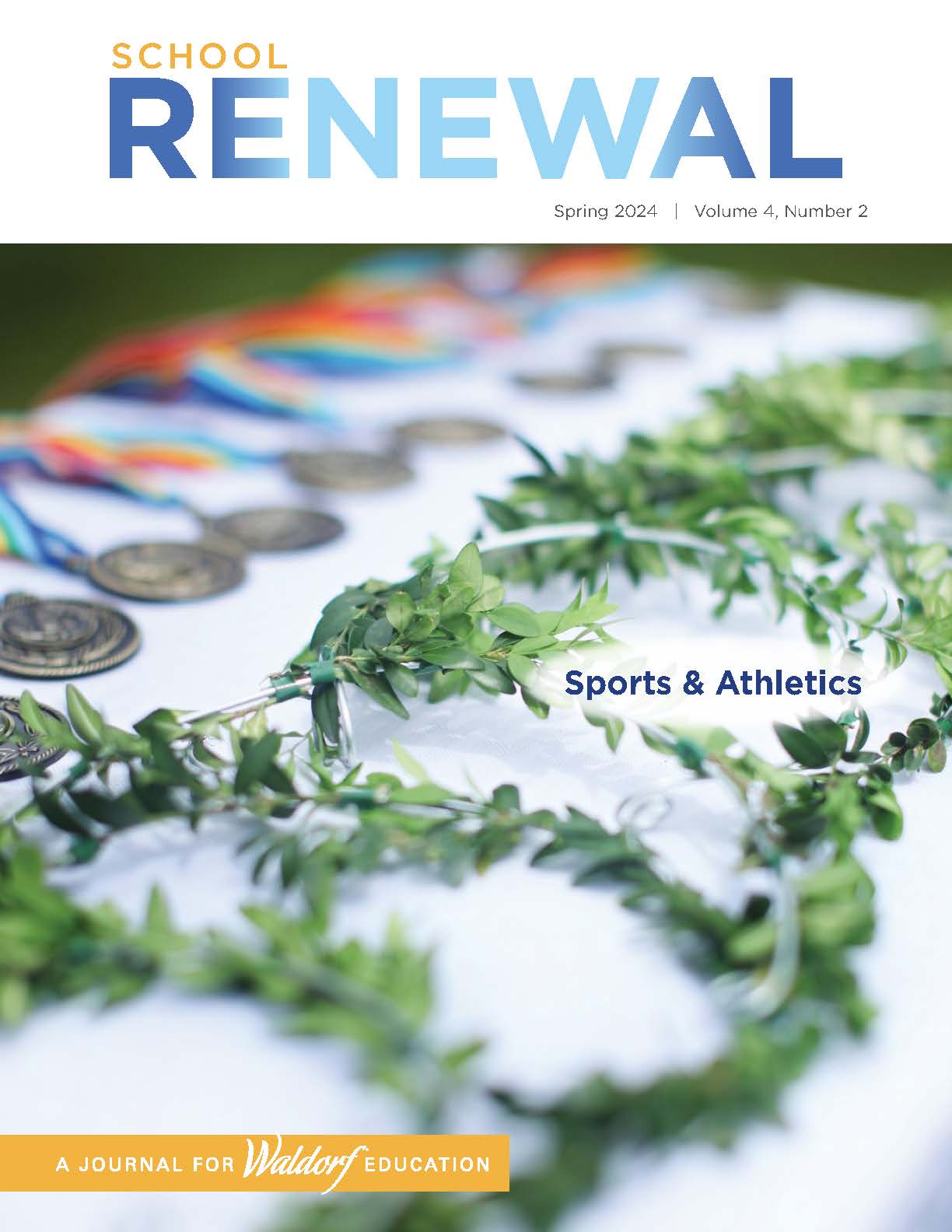 Cover of School Renewal, showing laurel crowns and medals with colorful ribbons